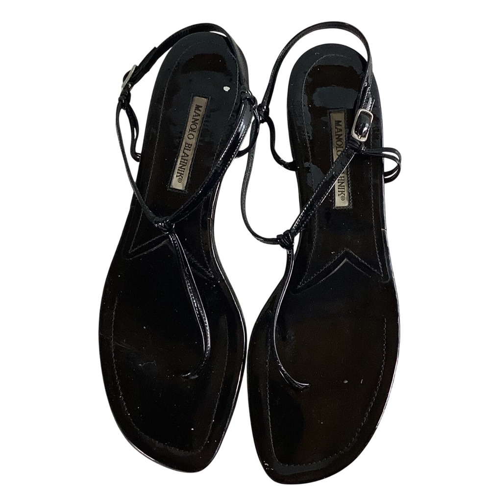 Manolo Blahnik Black Patent Leather Slingback Thong Flat Sandals Size 42 Italy